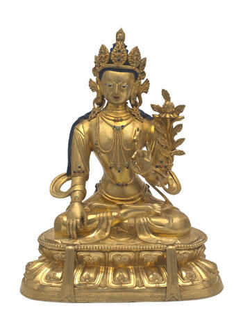 Golden Buddha statue, seated in a cross-legged pose.