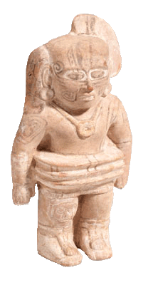 Clay pottery figurine of a ballplayer wearing a yoke (protective padding around torso) and kneeguards.
