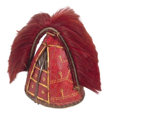Colorful, conically shaped basketry helmet with a crest of hair from Upper Chindwin Burma.
