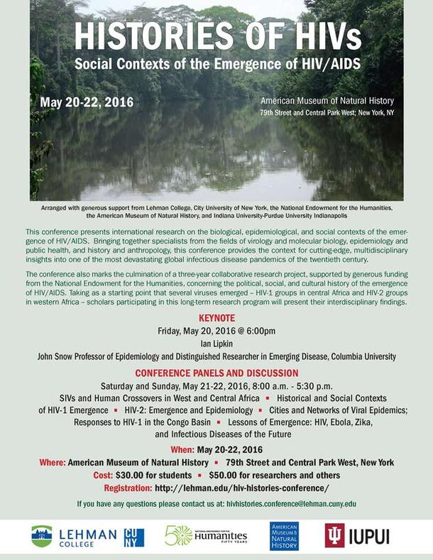 Flyer titled "Histories of HIVs: Social Contexts of the Emergence of HIV/AIDS" with photo of a river and text with event details.