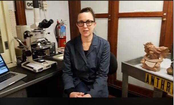 Conservator Samantha Alderson sits in front of a desk with a microscope and laptop on it, and beside a cart with a collection item on it.