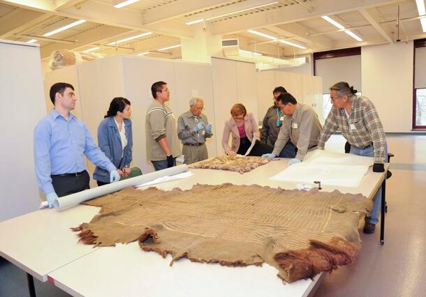 A group of people around a large table studying Zuni fur and hide  ceremonial items