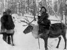 A person riding a reindeer beside two people standing, all wearing coats in a snowy, tree-filled landscape.