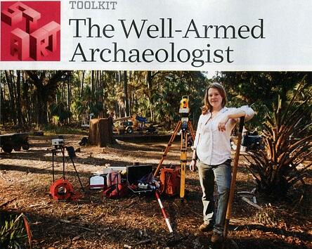 Text reading "Toolkit: The Well-Armed Archaeologist" above a photo of a person in the field, surrounded by gear and leaning against a shovel.
