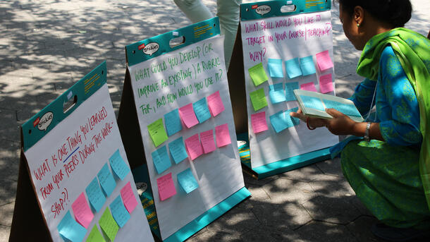 Woman writing on flip charts
