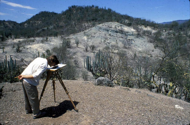 Outdoors under bright sun a person leaning over a three-legged plane table using an alidade. The person and equipment are standing on a dry rocky surface. In the background are hills with scrubby vegetation and saguaro cacti.