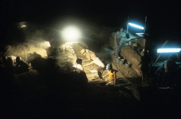 Artificially lighted underground excavation site at Hidden Cave, Nevada.