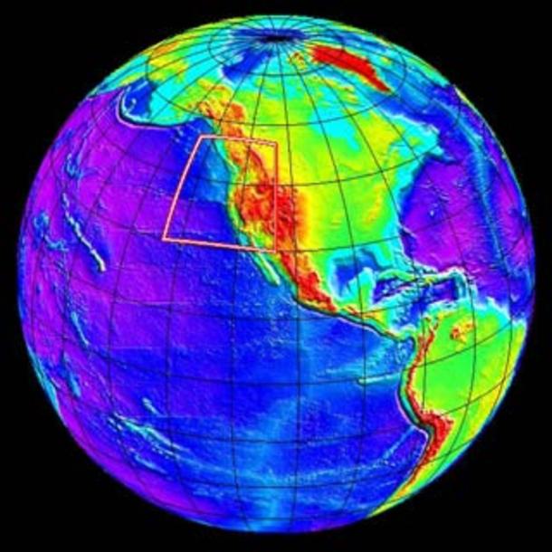 Thermographic map of Greenland, North and Central America, the Caribbean, and the western portion of South America. There is a box encapsulating the western portion of North America.