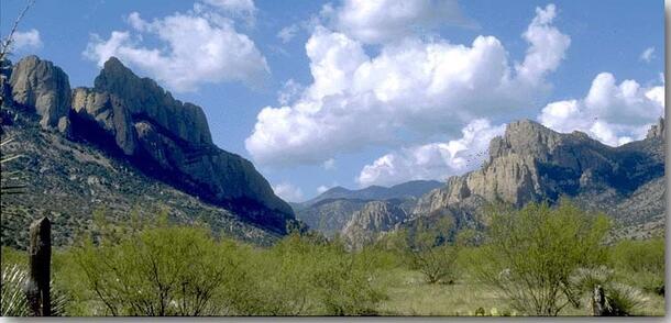 A wide view of the entrance to Cave Creek Canyon in Portal, Arizona.