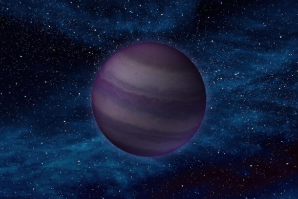 An illustration of a purple planet-like object in a dark star field