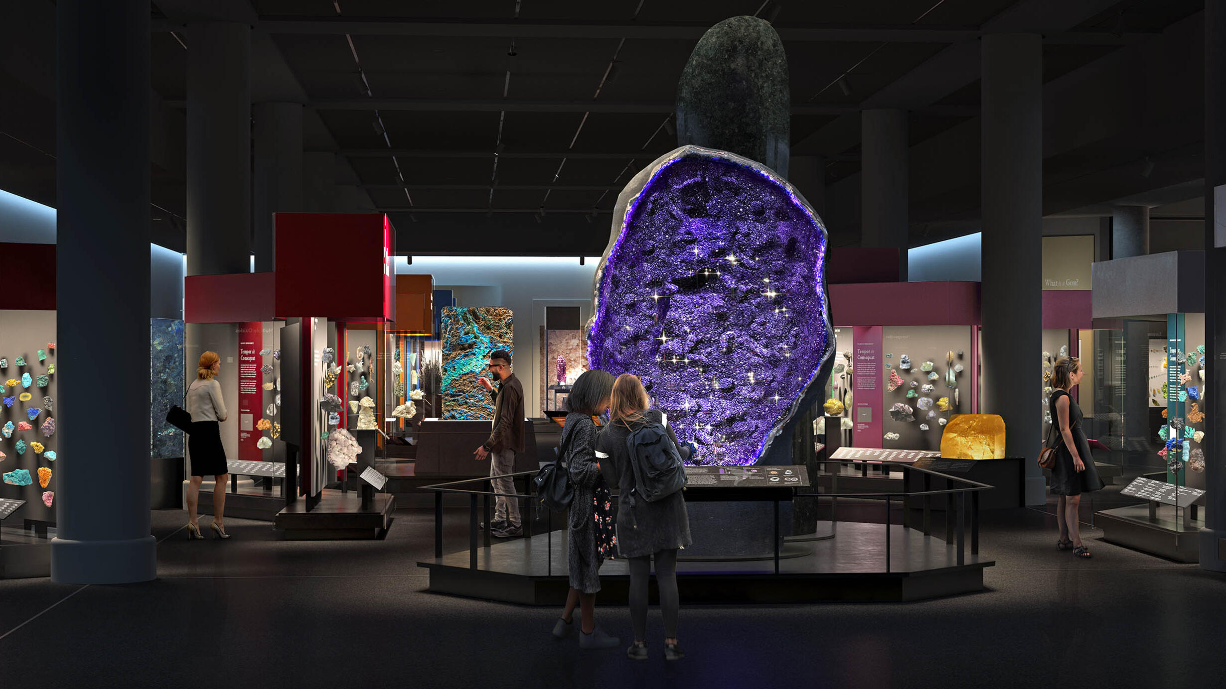 Rendering of visitors standing in front of a large geode in the new Mignone Halls of Gems and Minerals.