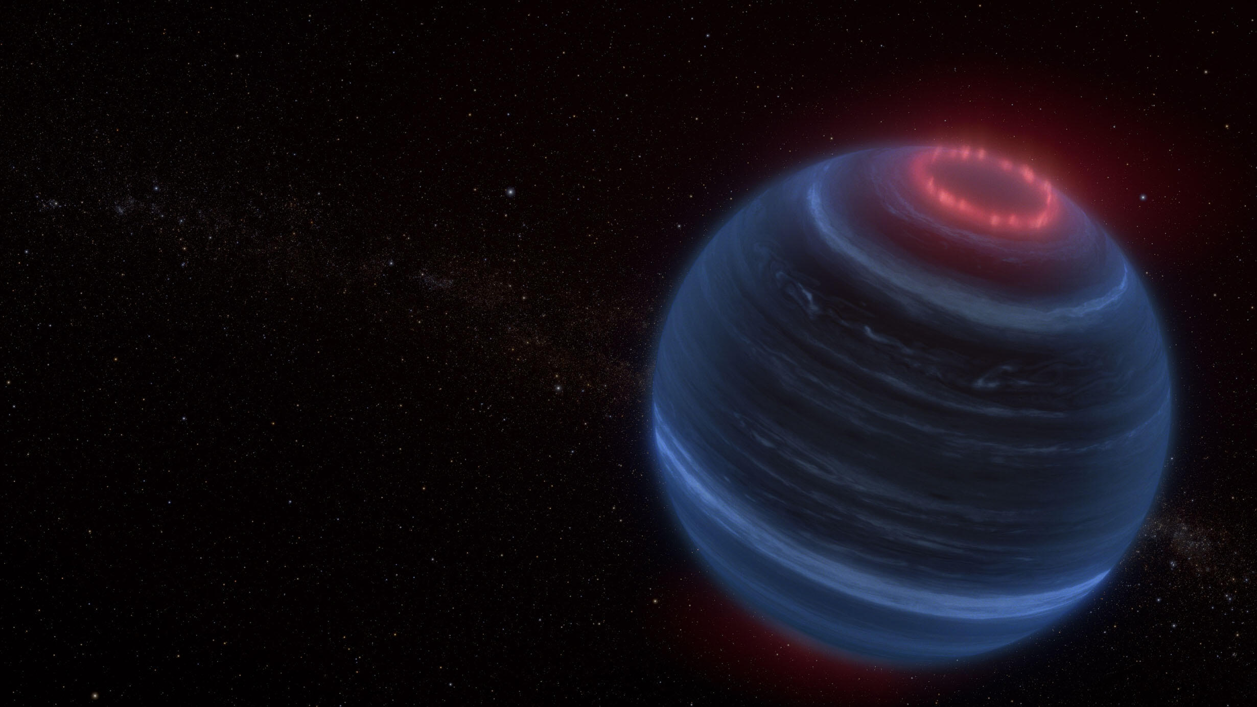 Rendering of a brown dwarf emitting methane, conceptualized as a brightly colored glow on top of the sphere, in space.