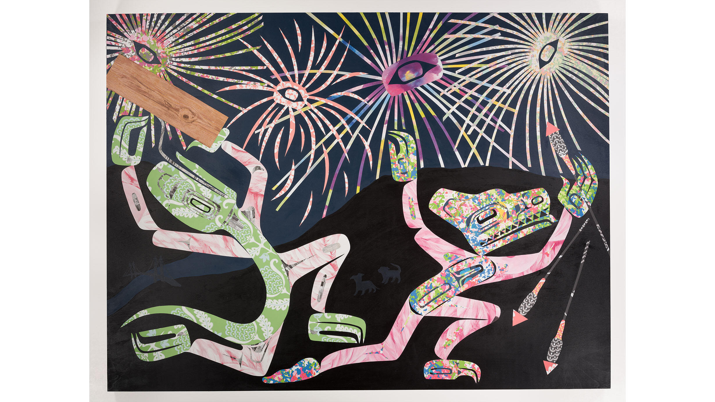 Mixed media painting depicting two figures dancing under fireworks.
