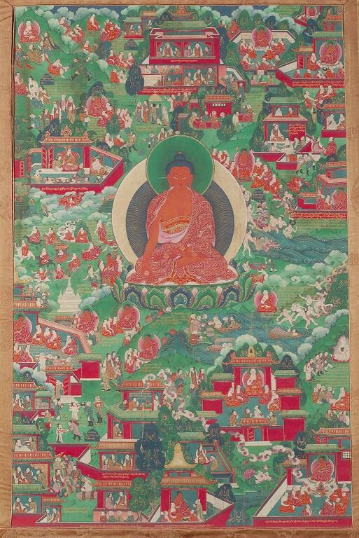 A colorful thangka, a Tibetan Buddhist painting on cloth, featuring a Buddha at the center and many figures surrounding the Buddha in small scenes.