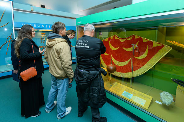 Following a review of Hawaiian items in Collections, the delegation members consulted on Hawaiian items in the Margaret Mead Hall of Pacific Peoples