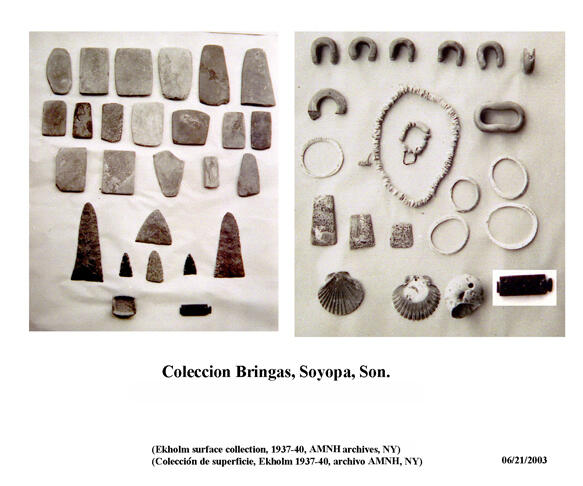 A collection of about fifty small artifacts, titled "Coleccion Bringas, Soyopa, Son."