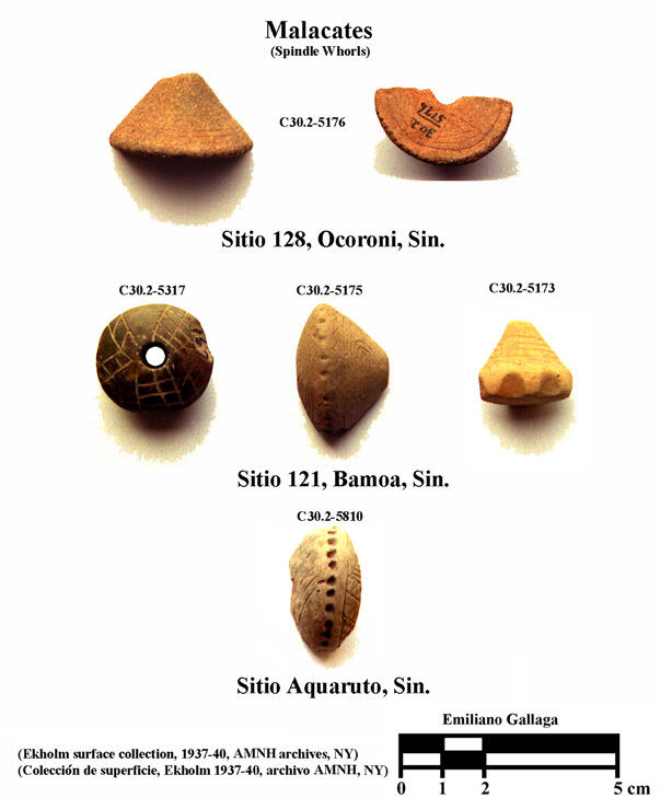 Six examples of decorated ceramic spindle whorls excavated in Mexico