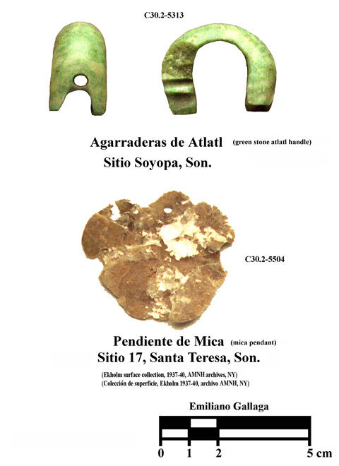 Two green stone horse-shaped handles, and a pendant of irregular shape made from small flat piece of mica.