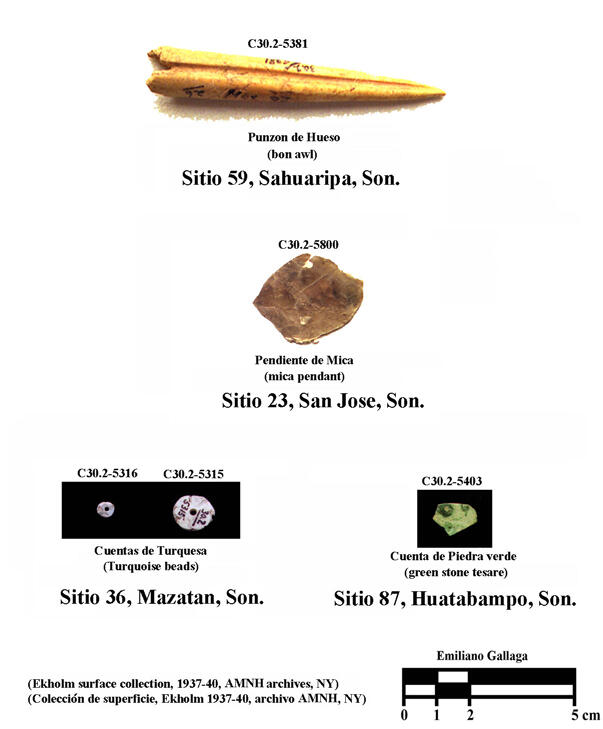 Several archaeological specimens: an awl, a mica pendant, two turquoise beads, and a green stone specimen.