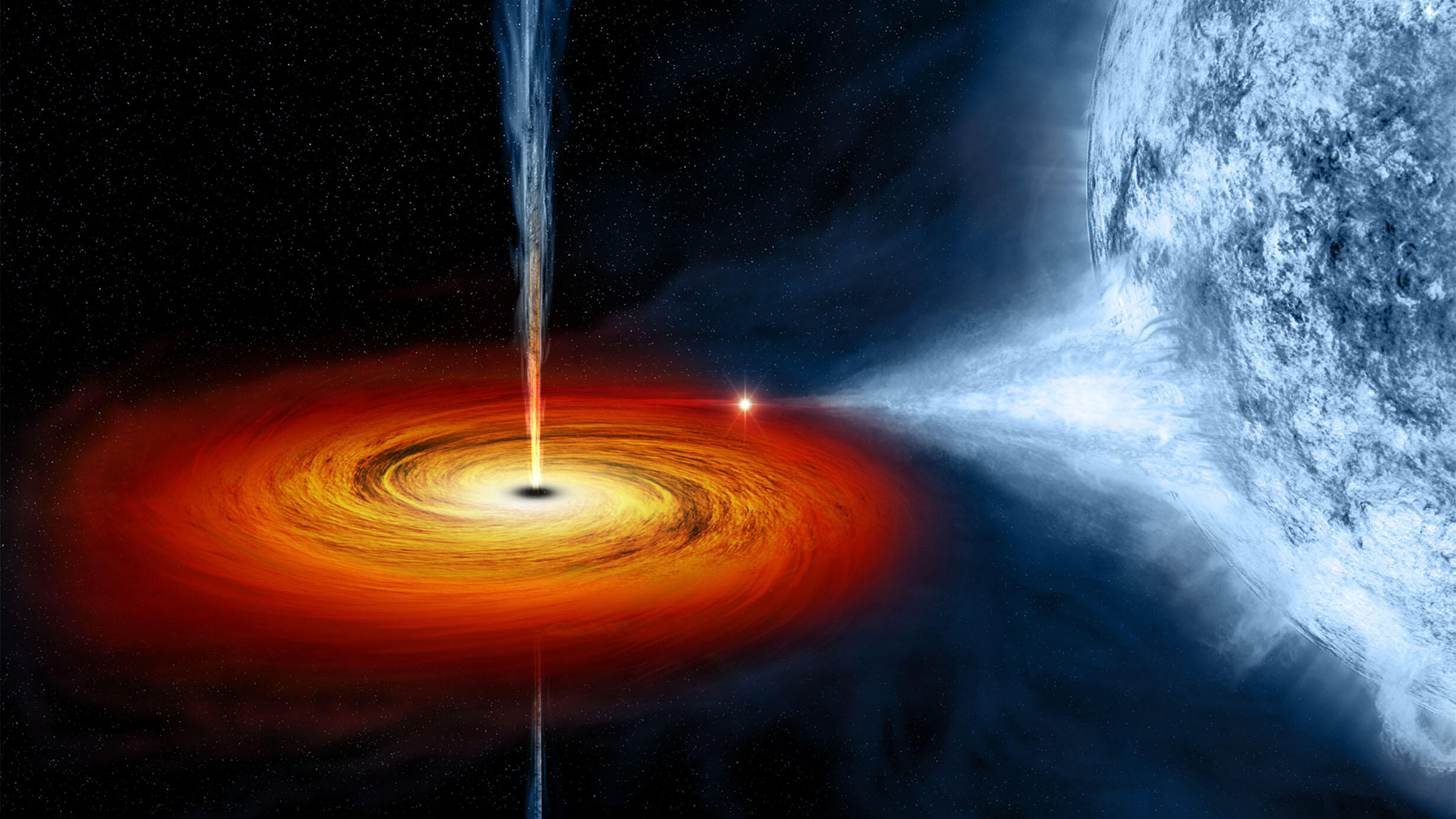 Illustration of a black hole, pictured as a brightly colored spiral disk formation pulling material from a light colored star right next to it. 