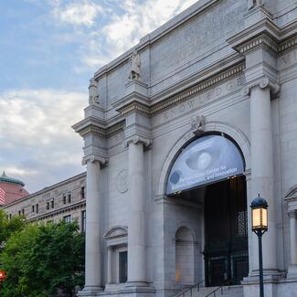 The American Museum of Natural History on a bright summer day, with a sheer facade and Romanesque columns framing a wide staircase entrance.
