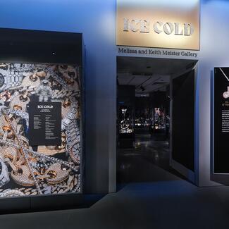 The entrance to the exhibition "Ice Cold" at the American Museum of Natural History, featuring diamond-encrusted bling owned by prominent rappers.