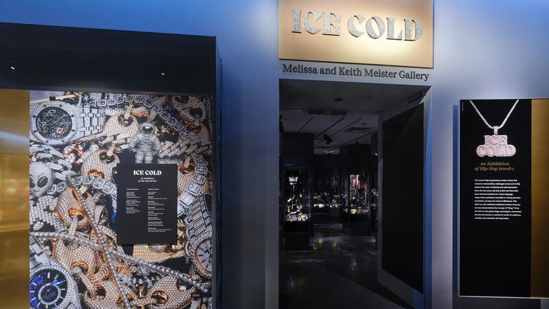 The entrance to the exhibition "Ice Cold" at the American Museum of Natural History, featuring diamond-encrusted bling owned by prominent rappers.