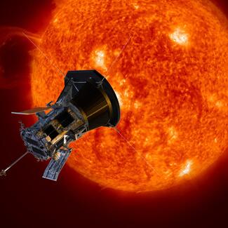An artist rendition of NASA’s Parker Solar Probe. The spacecraft appears with the Sun depicted as a bright, flaming orb in the background.