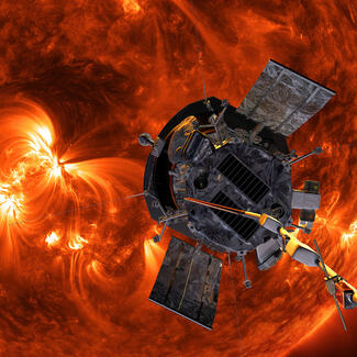 Artist’s concept of the Parker Solar Probe spacecraft approaching the sun. 