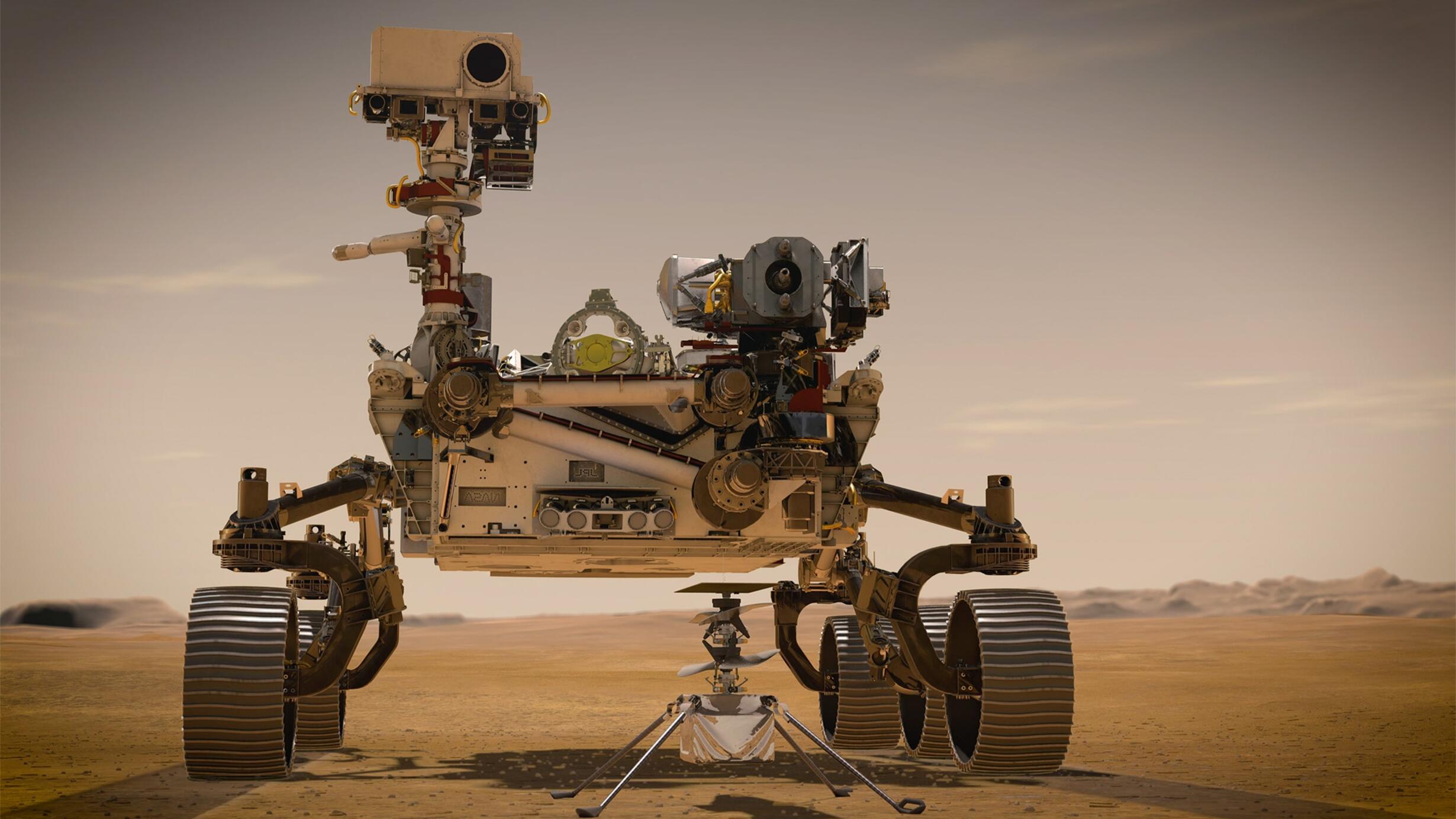 NASA's Perseverance rover on the surface of Mars. Four tires with thick treads carry cameras and other scientific equipment.