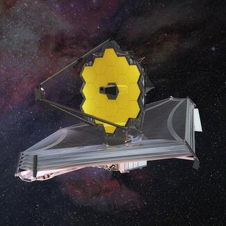 An artist's rendering of the Webb Space Telescope, its bright yellow solar array fully extended, floating against a backdrop of stars.