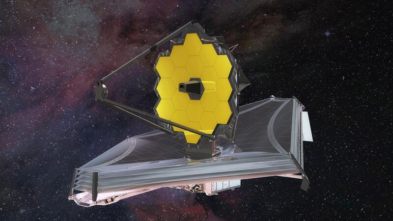 An artist's rendering of the Webb Space Telescope, its bright yellow solar array fully extended, floating against a backdrop of stars.