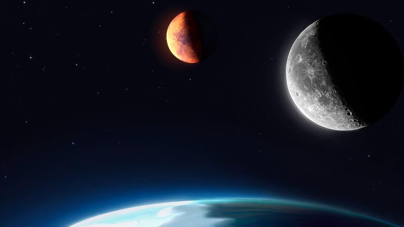 An artist's depiction of Earth's surface, with the moon and Mars in the distance. Mars is a red half-crescent, the moon a white half-crescent.