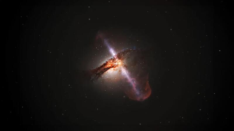 An artist's depiction of a black hole: an orange disc, with bright purple jets shooting through it, against an inky black expanse.