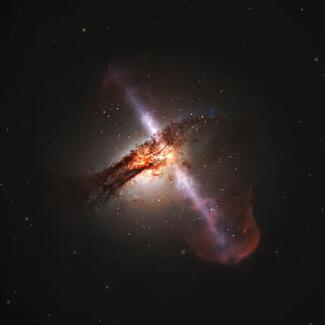 An artist's depiction of a black hole: an orange disc, with bright purple jets shooting through it, against an inky black expanse.
