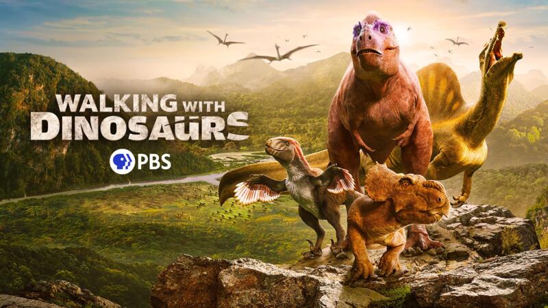 An artists' rendering of four types of dinosaurs, with lush mountains and flying pterodactyls in the background.