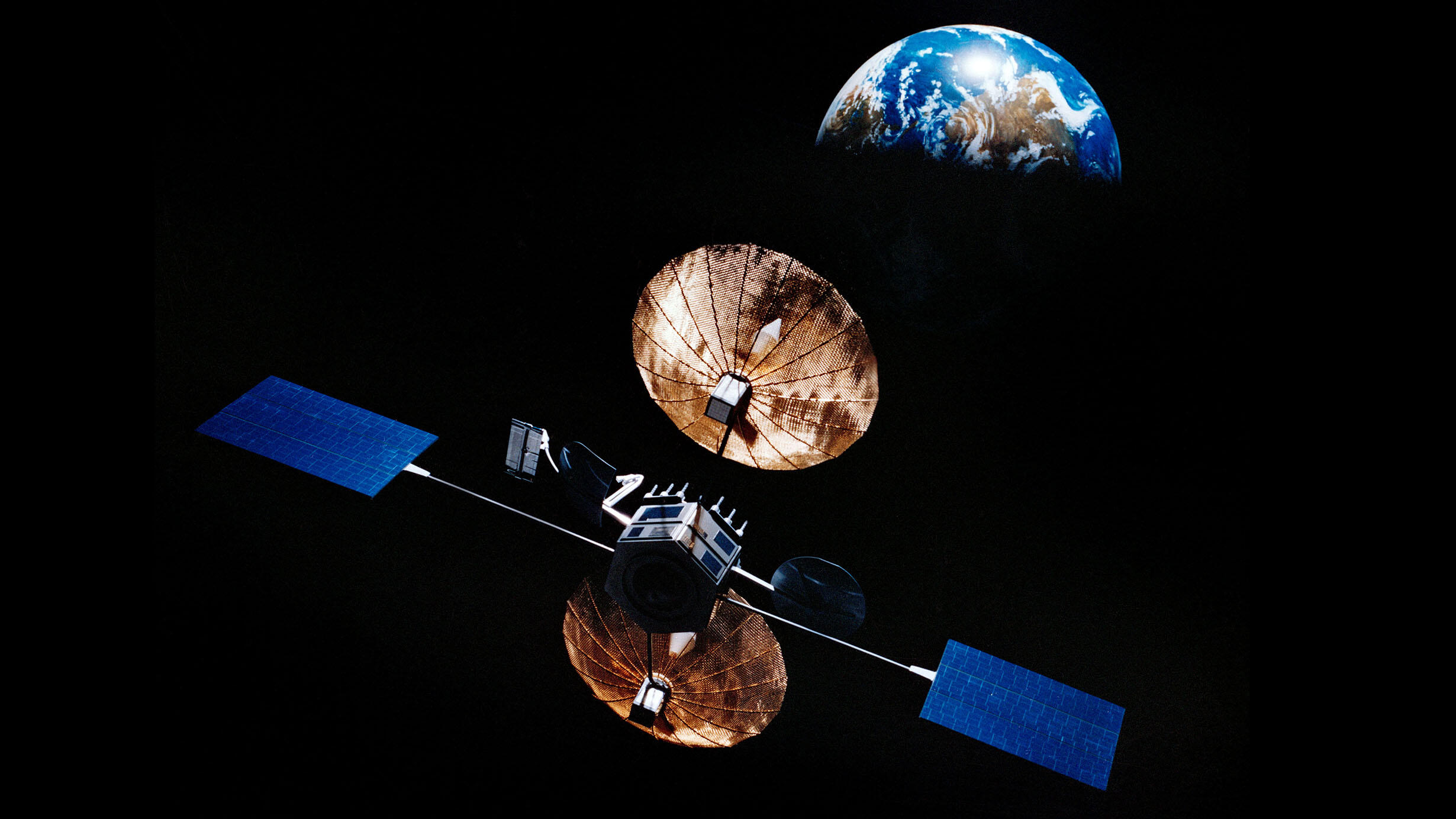 Rendering of a satellite in space, with Earth in view behind it.