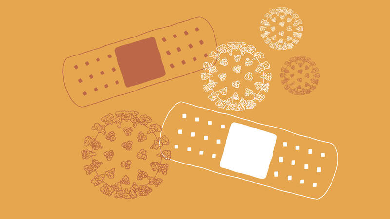 Artist's rendering depicts four COVID-19 molecules scattered around two band-aids.