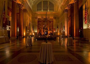 The Theodore Roosevelt Rotunda at the American Museum of Natural History with tables and sitting areas added for a cocktail reception.