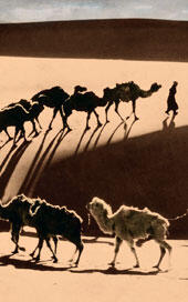In silhouette against flat desert sands, two people lead a string of camels not bearing burdens.