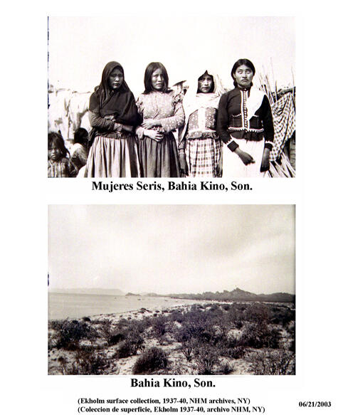 Two photos. One of four women, with the caption: "Mujeres Seris, Bahia Kino, Sonora." The other of a flat dry landscape with scrubby vegetation, with the caption: "Bahia Kino, Sonora."