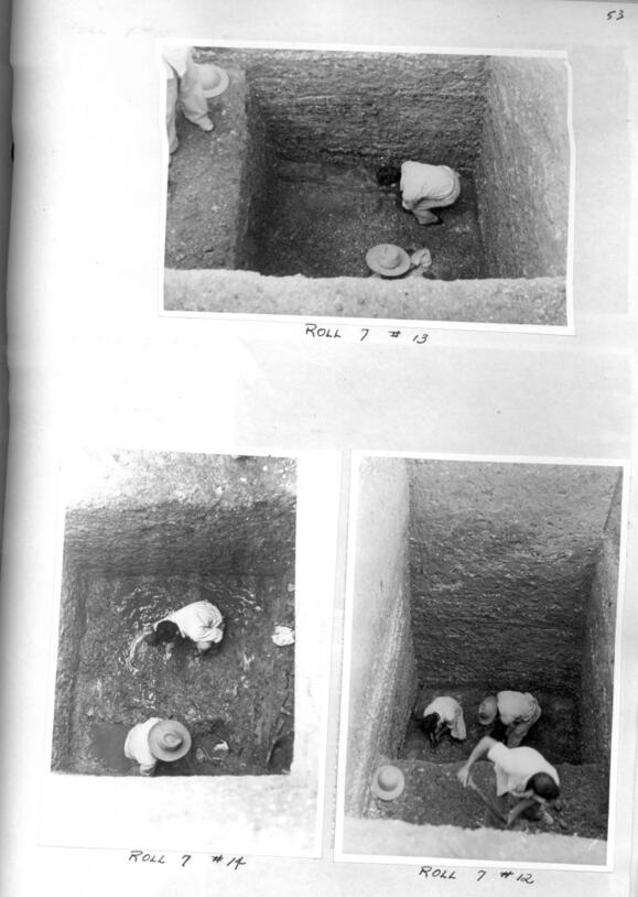 Three small photos of people working small square-shaped excavation pits in Tabuco.