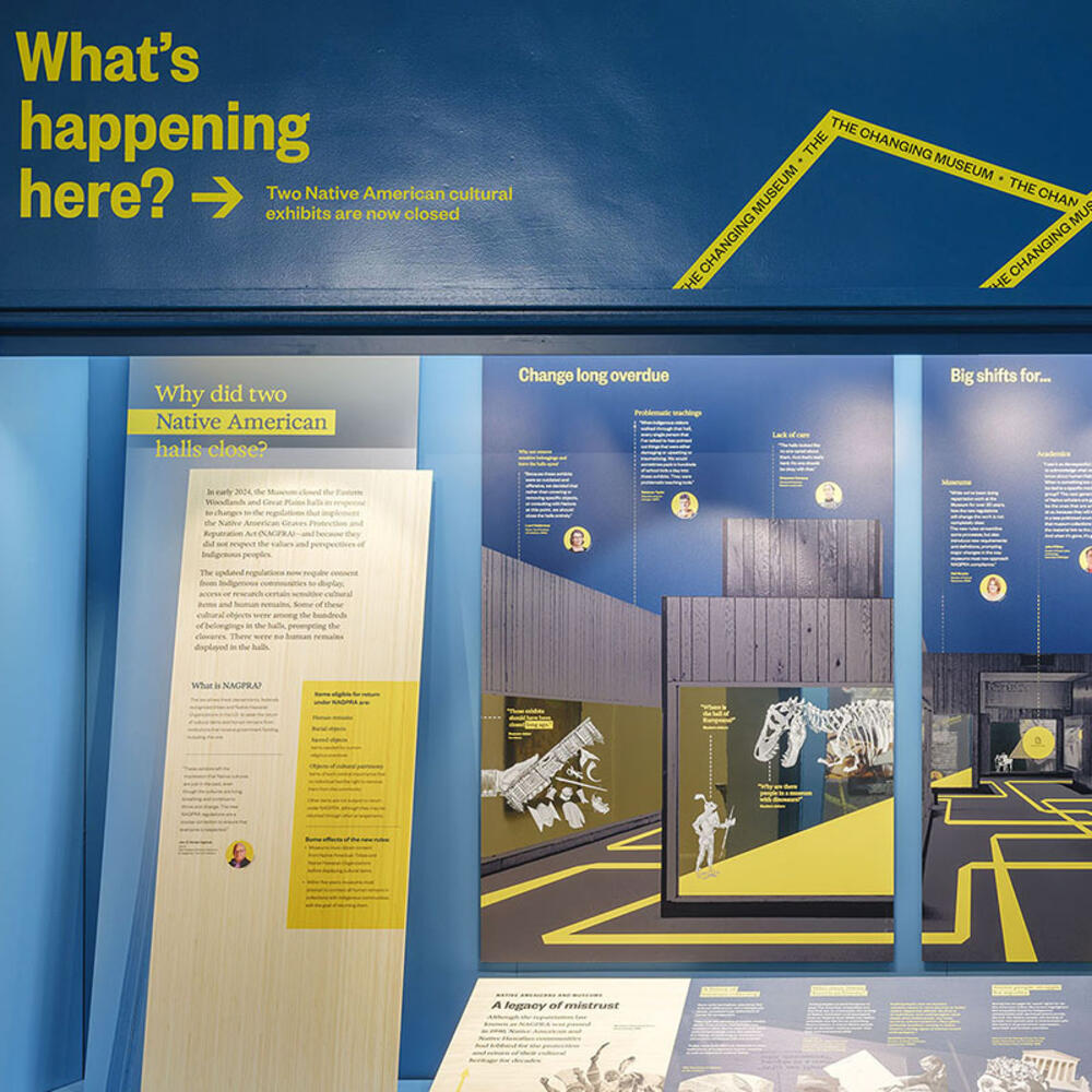 Glass display case houses a diagram that shows the reasoning behind the closure of two Native American cultural exhibits and the plans for the future.