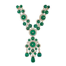 Elaborate necklace made up of emeralds and diamonds.