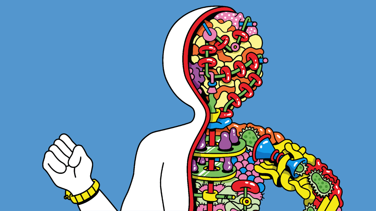 Cartoon of a bisected human figure walking with one half blank and one half filled with gears and bacteria.