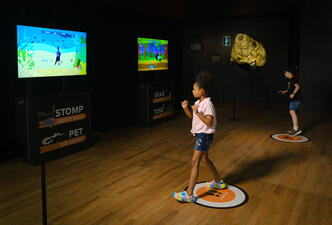 Two children stand on marked circles on the floor and play with digital, motion-sensing interactives about animals in the exhibit.