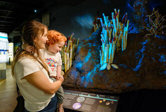 An adult holding a child stands in front of models of tube worms.