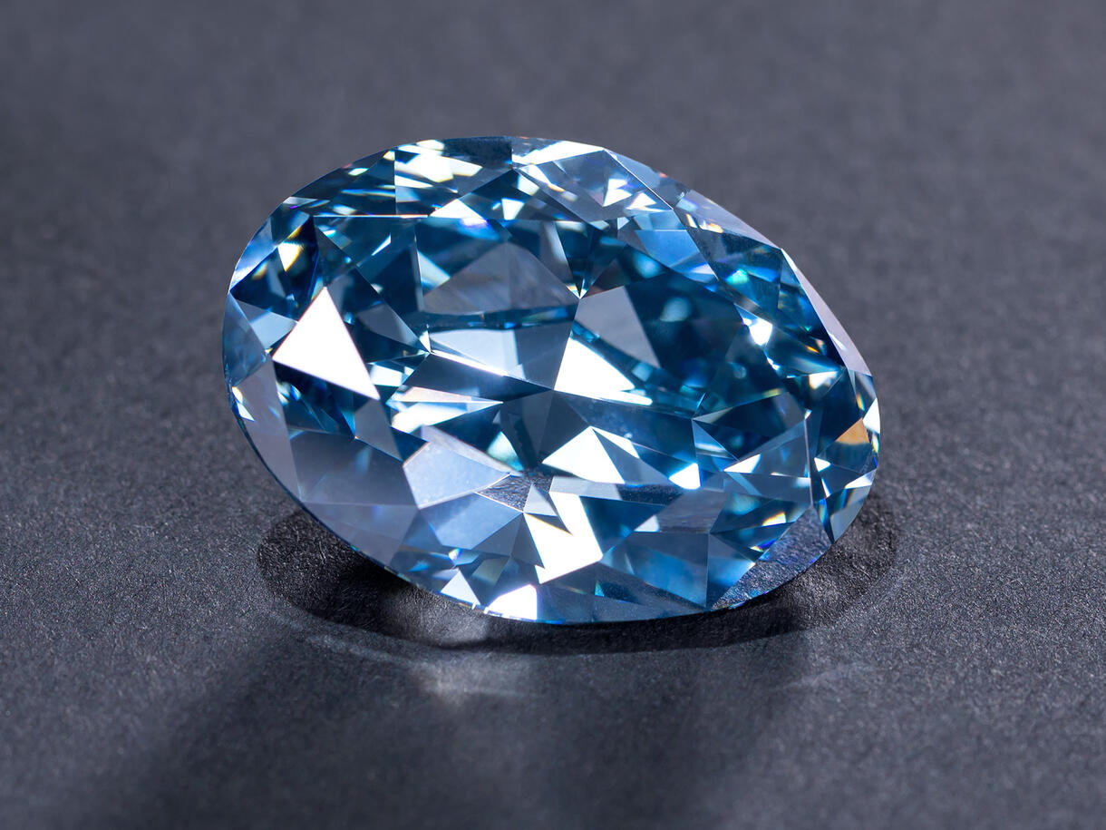 Large, egg-shaped blue diamond, known as the Okavango Blue.