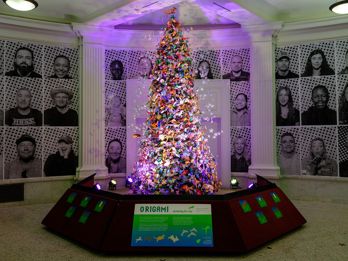 Artificial evergreen tree covered with more than 1000 origami (folded paper) ornaments is displayed in front of photo installation of various faces.