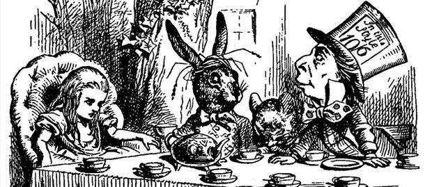 A drawing from Alice in Wonderland: the Mad Hatter's tea party with Alice and the hare